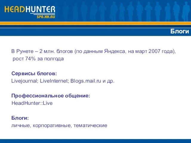 Блоги В Рунете – 2 млн. блогов (по данным Яндекса, на март