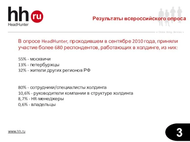 В опросе HeadHunter, проходившем в сентябре 2010 года, приняли участие более 680