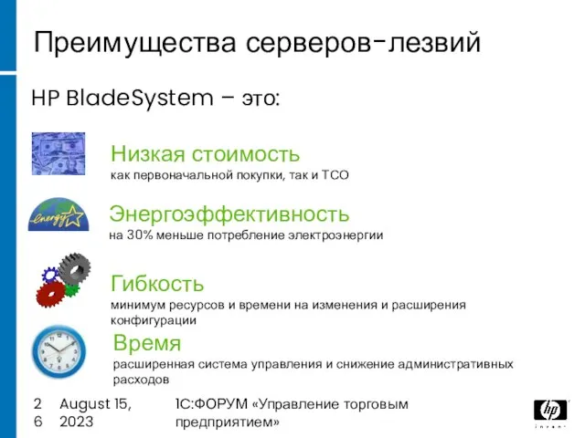 August 15, 2023 1C:ФОРУМ «Управление торговым предприятием» Преимущества серверов-лезвий HP BladeSystem –