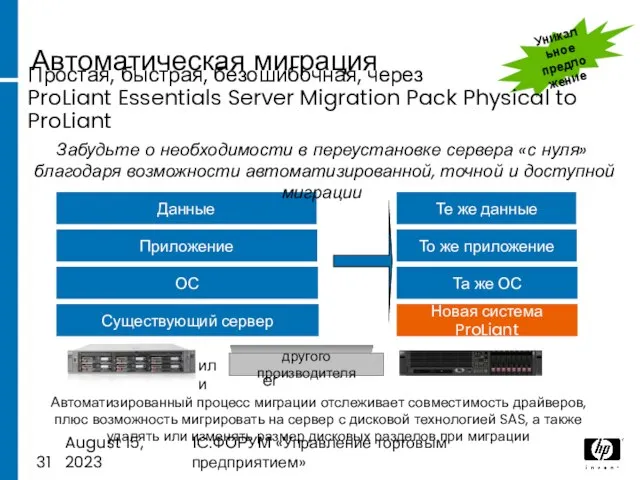 August 15, 2023 1C:ФОРУМ «Управление торговым предприятием» Автоматическая миграция Существующий сервер ОС