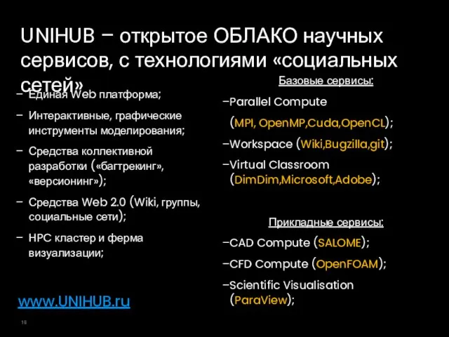 UNIHUB – открытое ОБЛАКО научных сервисов, с технологиями «социальных сетей» Единая Web