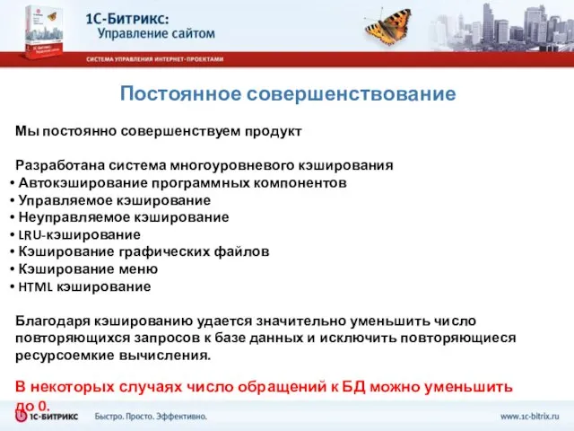 Постоянное совершенствование Мы постоянно совершенствуем продукт Разработана система многоуровневого кэширования Автокэширование программных