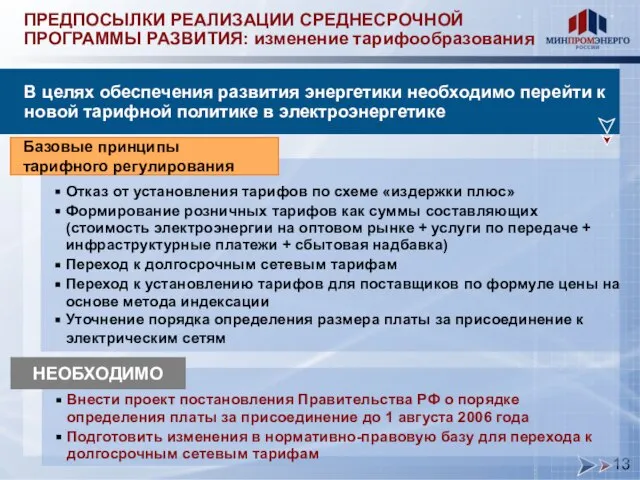 ПРЕДПОСЫЛКИ РЕАЛИЗАЦИИ СРЕДНЕСРОЧНОЙ ПРОГРАММЫ РАЗВИТИЯ: изменение тарифообразования В целях обеспечения развития энергетики