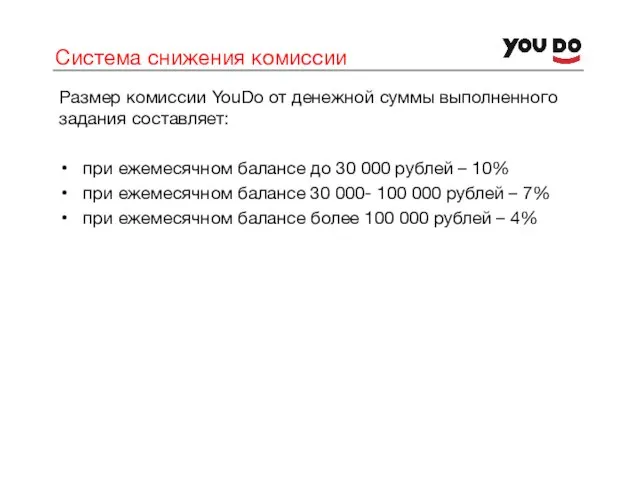 Система снижения комиссии Размер комиссии YouDo от денежной суммы выполненного задания составляет:
