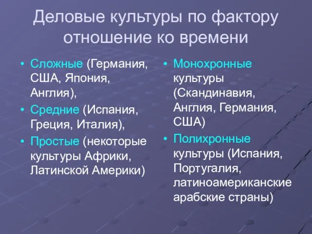 Деловые культуры по фактору отношение ко времени Сложные (Германия, США, Япония, Англия),