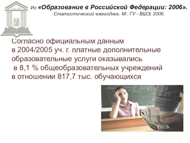 Согласно официальным данным в 2004/2005 уч. г. платные дополнительные образовательные услуги оказывались