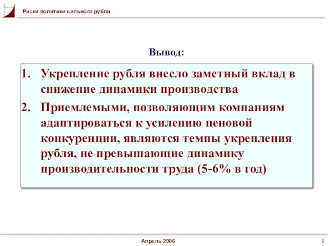 Апрель 2006 Укрепление рубля внесло заметный вклад в снижение динамики производства Приемлемыми,