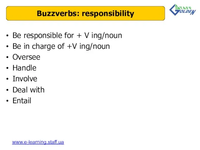Be responsible for + V ing/noun Be in charge of +V ing/noun