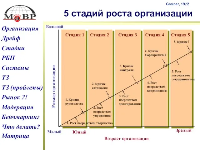 Greiner, 1972 5 стадий роста организации Большой Малый Юный Зрелый Возраст организации