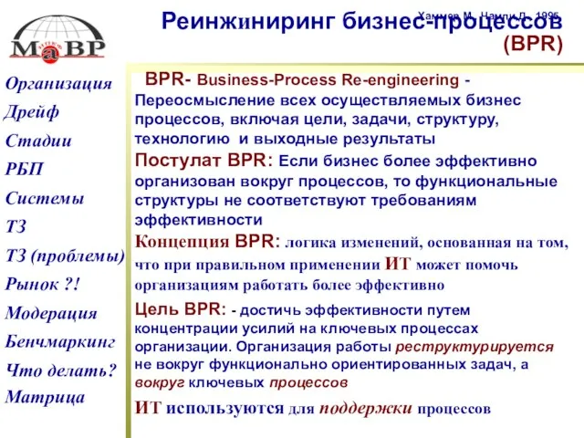 Реинжиниринг бизнес-процессов (BPR) Хаммер М., Чампи Д., 1995 BPR- Business-Process Re-engineering -