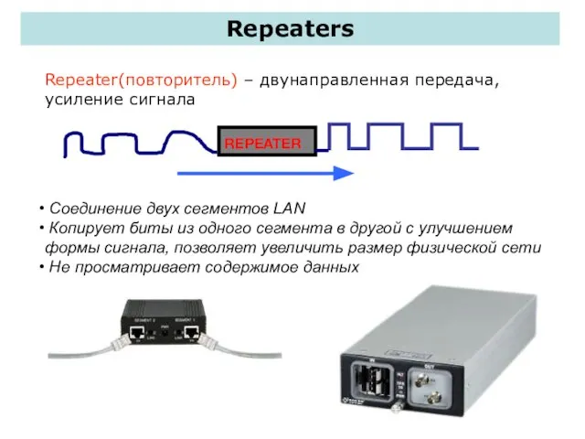 Repeaters Repeater(повторитель) – двунаправленная передача, усиление сигнала Соединение двух сегментов LAN Копирует