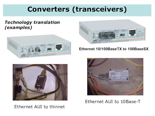 Technology translation (examples) Ethernet AUI to thinnet Ethernet AUI to 10Base-T Converters