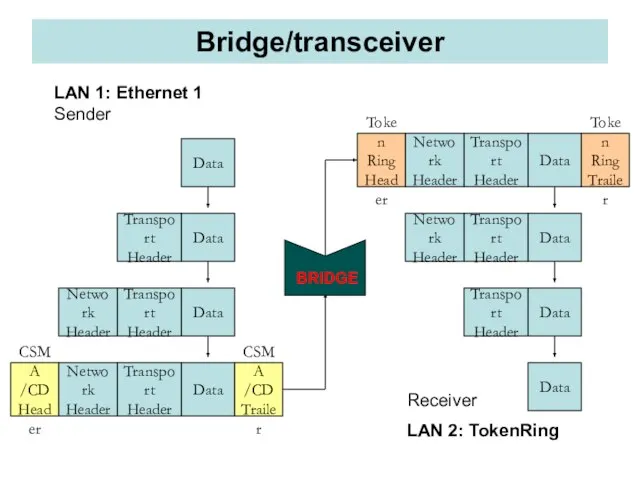 Bridge/transceiver Data Token Ring Trailer Transport Header Network Header Token Ring Header