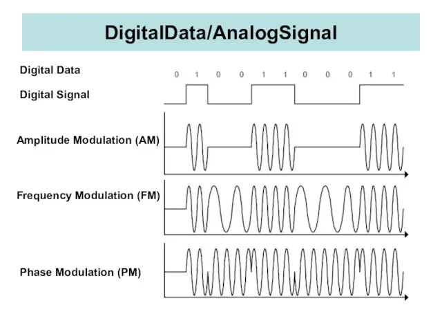 DigitalData/AnalogSignal Digital Data Amplitude Modulation (AM) Frequency Modulation (FM) Phase Modulation (PM) Digital Signal