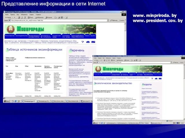 Представление информации в сети Internet www. minpriroda. by www. president. cov. by