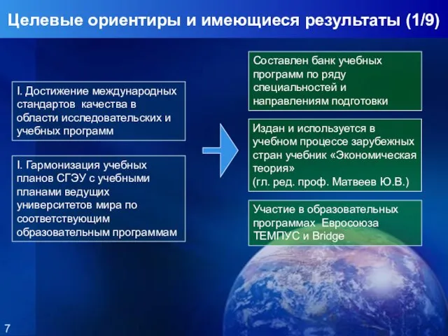 I. Достижение международных стандартов качества в области исследовательских и учебных программ I.