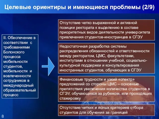 II. Обеспечение в соответствии с требованиями Болонского процесса мобильности студентов, мобильности и