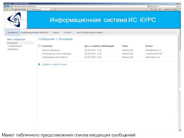 Информационная система ИС КУРС Макет табличного представления списка входящих сообщений