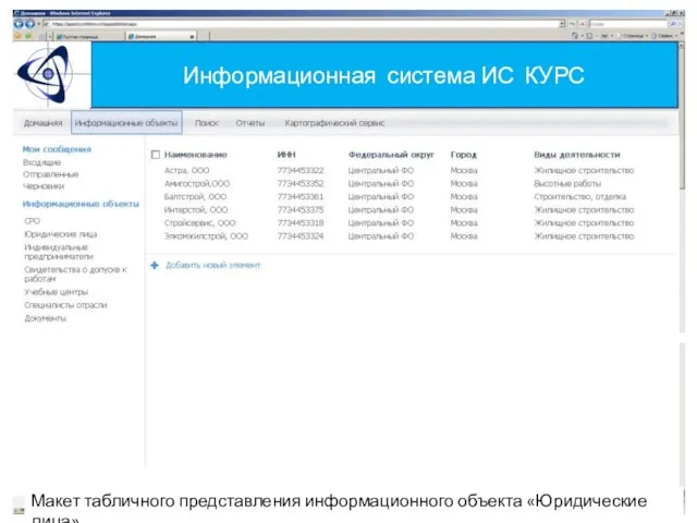 Информационная система ИС КУРС Макет табличного представления информационного объекта «Юридические лица»