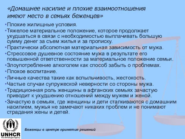 Беженцы в центре принятия решений Плохие жилищные условия. Тяжелое материальное положение, которое