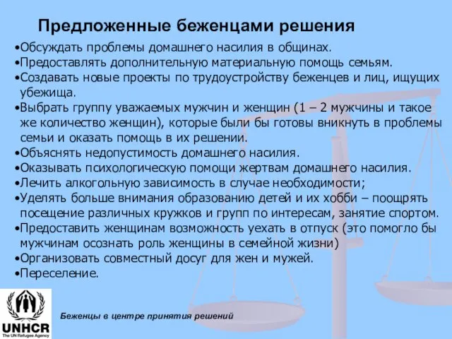 Беженцы в центре принятия решений Обсуждать проблемы домашнего насилия в общинах. Предоставлять