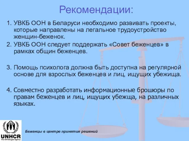 Беженцы в центре принятия решений Рекомендации: 1. УВКБ ООН в Беларуси необходимо