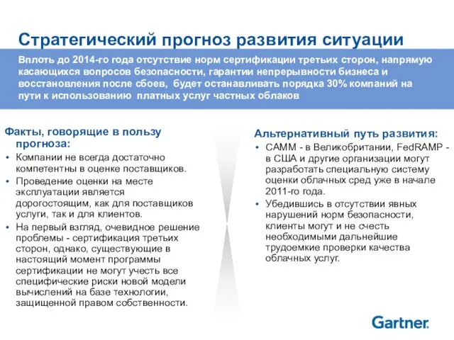 Стратегический прогноз развития ситуации Вплоть до 2014-го года отсутствие норм сертификации третьих