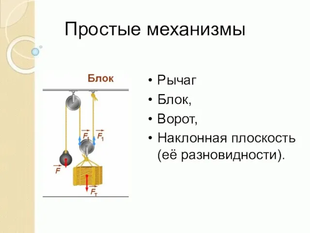 Простые механизмы Рычаг Блок, Ворот, Наклонная плоскость (её разновидности).