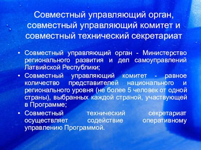 Совместный управляющий орган, совместный управляющий комитет и совместный технический секретариат Совместный управляющий