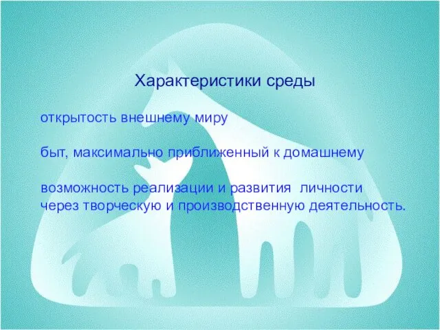 Характеристики среды открытость внешнему миру быт, максимально приближенный к домашнему возможность реализации