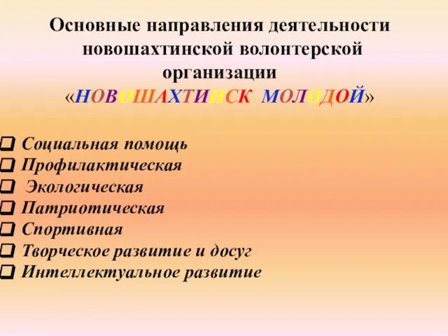 Основные направления деятельности новошахтинской волонтерской организации «НОВОШАХТИНСК МОЛОДОЙ» Социальная помощь Профилактическая Экологическая