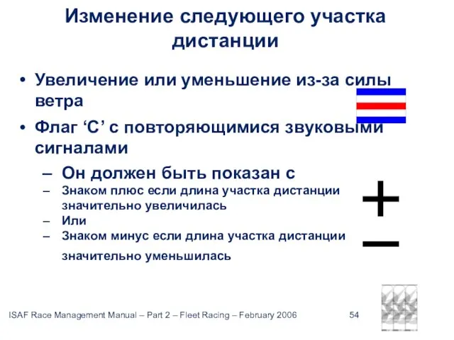 Изменение следующего участка дистанции Увеличение или уменьшение из-за силы ветра Флаг ‘C’