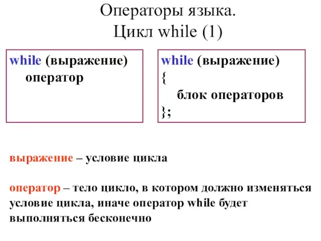 while (выражение) оператор while (выражение) { блок операторов }; выражение – условие