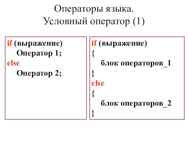 if (выражение) Оператор 1; else Оператор 2; if (выражение) { блок операторов_1