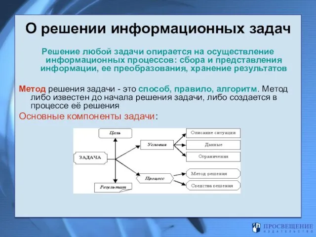 О решении информационных задач Решение любой задачи опирается на осуществление информационных процессов: