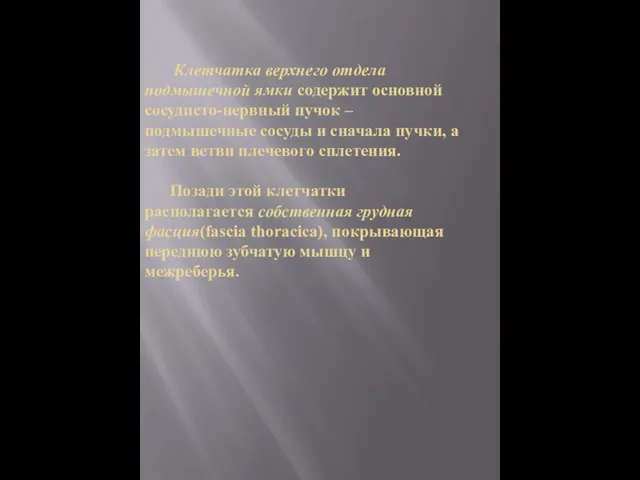 Клетчатка верхнего отдела подмышечной ямки содержит основной сосудисто-нервный пучок – подмышечные сосуды