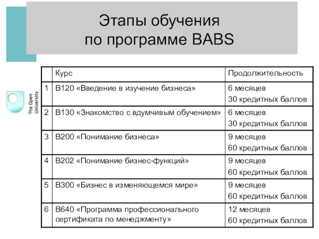 Этапы обучения по программе BABS