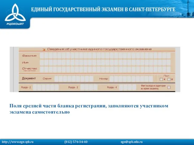 Поля средней части бланка регистрации, заполняются участником экзамена самостоятельно http://www.ege.spb.ru (812) 576-34-40 ege@spb.edu.ru