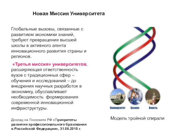 Новая Миссия Университета Модель тройной спирали Глобальные вызовы, связанные с развитием экономики