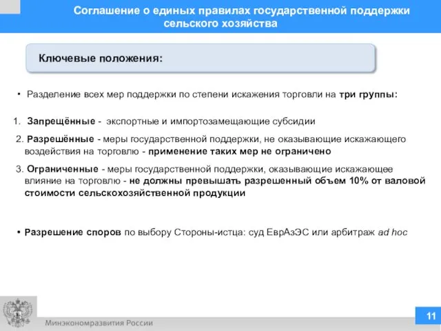 Соглашение о единых правилах государственной поддержки сельского хозяйства Разделение всех мер поддержки