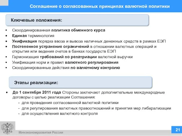 Соглашение о согласованных принципах валютной политики Скоординированная политика обменного курса Единая терминология