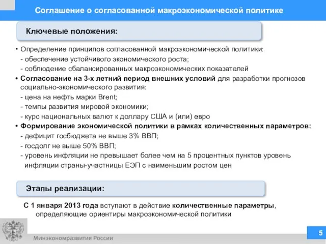 Соглашение о согласованной макроэкономической политике Определение принципов согласованной макроэкономической политики: - обеспечение