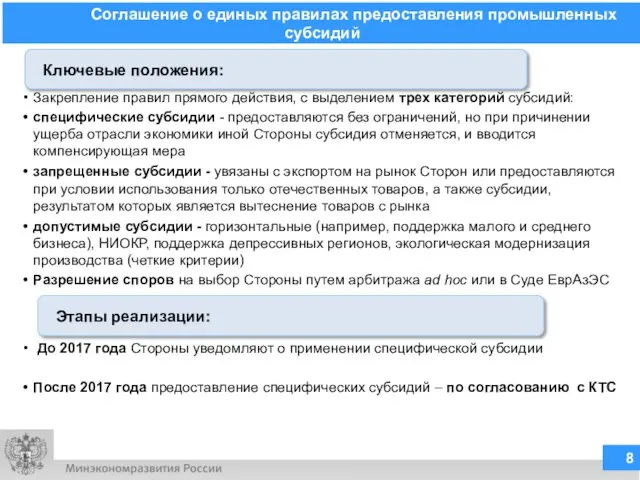 Закрепление правил прямого действия, с выделением трех категорий субсидий: специфические субсидии -