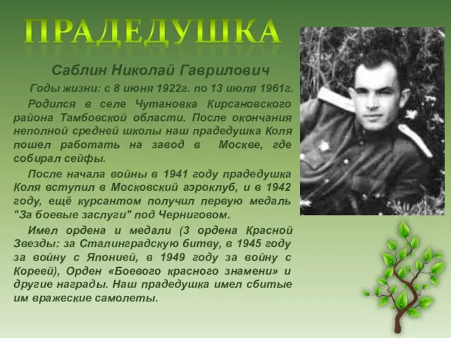 Саблин Николай Гаврилович Годы жизни: с 8 июня 1922г. по 13 июля