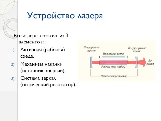 Устройство лазера Все лазеры состоят из 3 элементов: Активная (рабочая) среда. Механизм