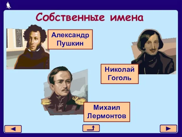 Собственные имена Александр Пушкин Михаил Лермонтов Николай Гоголь