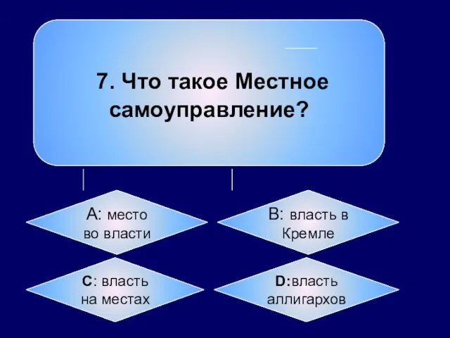 7. Что такое Местное самоуправление? А: место во власти B: власть в