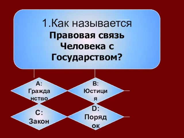 1.Как называется Правовая связь Человека с Государством? А: Гражданство B: Юстиция C: Закон D: Порядок