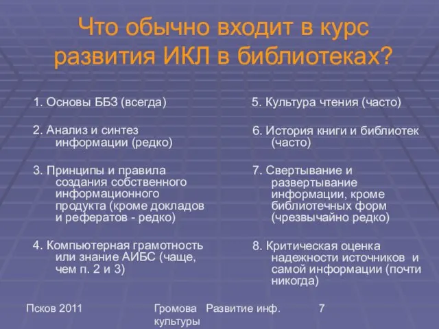 Псков 2011 Громова Развитие инф. культуры Что обычно входит в курс развития