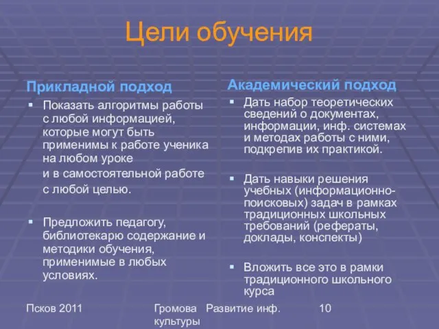 Псков 2011 Громова Развитие инф. культуры Цели обучения Прикладной подход Показать алгоритмы